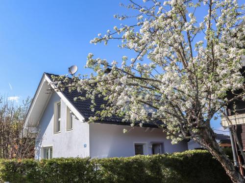 a white house with a flowering tree in front of it at Holiday Home Seehaus Blue Faak by Interhome in Faak am See
