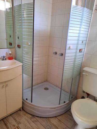 a bathroom with a shower with a toilet and a sink at Complejo Pinamar Centro ,Departamentos en Pinamar in Pinamar