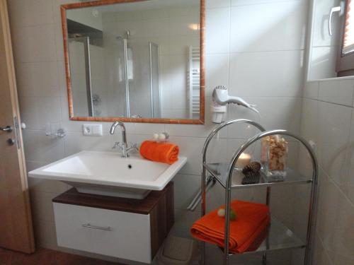 a bathroom with a sink and a mirror at Wiesenhof in Fügen