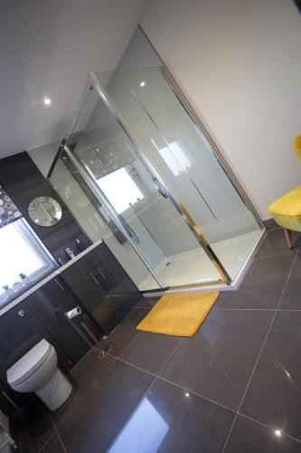 a bathroom with a toilet and a glass wall at Oor Neuk in Tole