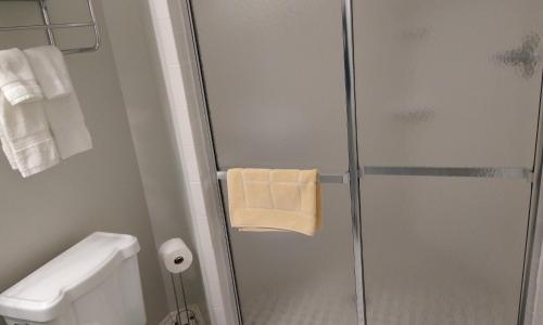 a bathroom with a shower with a toilet and a sink at Tandem Bike Inn in Belmar