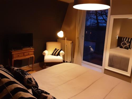 a bedroom with a bed and a chair and a window at Villa commune PoldersView in Sluis