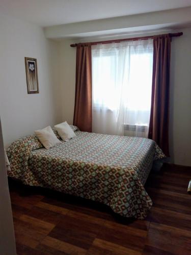 um quarto com uma cama e uma janela com cortinas em Astoria Patagonia II habitaciones privadas em San Carlos de Bariloche