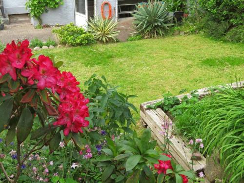 a garden with red flowers in a yard at 4 person holiday home in S nderborg in Sønderborg