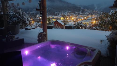 a purple bath tub with lights in the snow at AU NID COSY D'ISA A GERARDMER VOSGES - Spas privatifs in Gérardmer