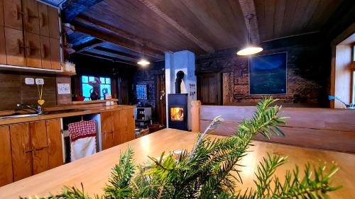 a kitchen with a wooden table and a fireplace at Holiday home Margherita in Begovo Razdolje