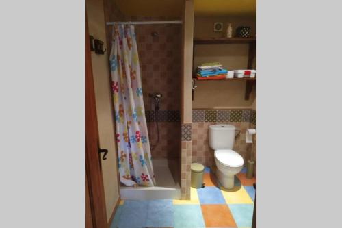 a small bathroom with a toilet and a shower at LOS ORIZOS Sierra de Gata Extremadura TR-CC-00392 in Villamiel