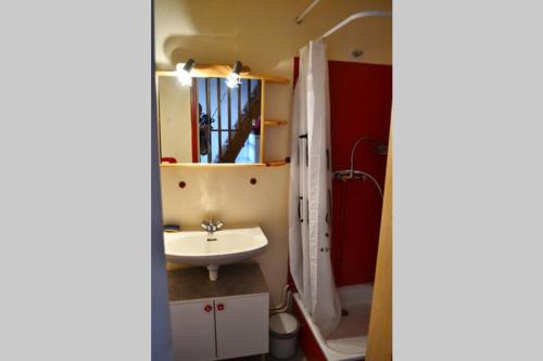 uma pequena casa de banho com um lavatório e um chuveiro em HAVRE DE PAIX AU COEUR DES PYRENNEES A GUZET em Ustou