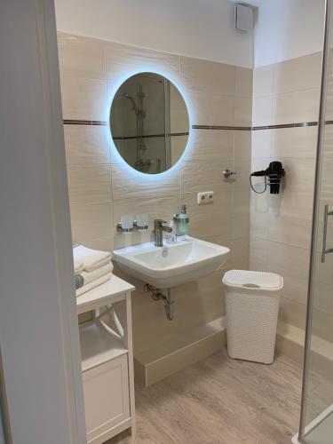 een badkamer met een wastafel en een spiegel bij Atelier Altstadt Stralsund in Stralsund