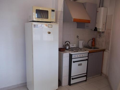 eine Mikrowelle auf einem Kühlschrank in der Küche in der Unterkunft Apartments Renta Eva 2 in San Rafael