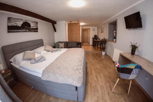 a bedroom with a large bed and a living room at Penzion Pohoda in Frymburk