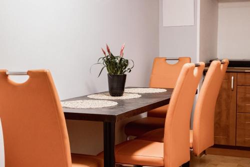 a dining room table with orange chairs and a vase with a plant at Penzion Pohoda in Frymburk