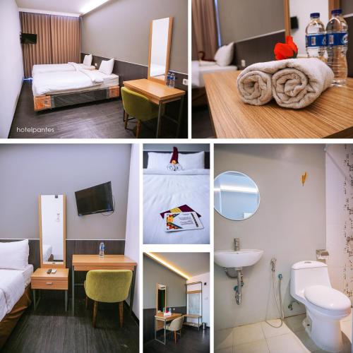 a collage of four pictures of a hotel room at HOTEL PANTES SIMPANG LIMA SEMARANG in Semarang