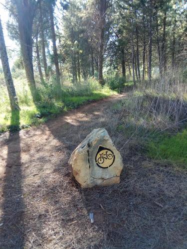 a rock with a bike painted on it on a trail at מטיילים בגליל העליון in Qiryat Shemona