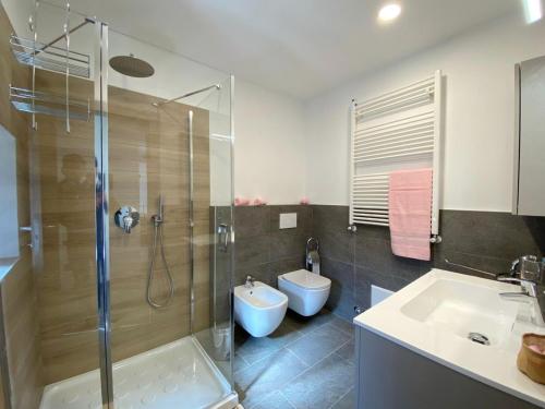 a bathroom with a shower and a toilet and a sink at Independent Stone House with Lake View in Musso
