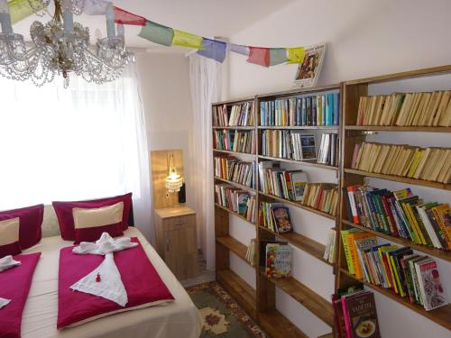 a bedroom with a bed and book shelves filled with books at Deluxe szoba in Eger