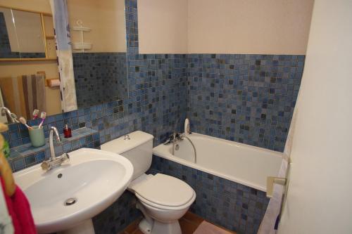 La salle de bains est pourvue de carrelage bleu, de toilettes et d'un lavabo. dans l'établissement Studio, Les Foulquines, Narbonne Plage, à Narbonne