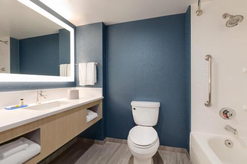 a bathroom with a toilet and a sink and a tub at Holiday Inn Express Hotel & Suites Norfolk Airport by IHG in Norfolk