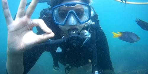 a person in a diving mask and a fish in the water at Serina House Malvan in Malvan