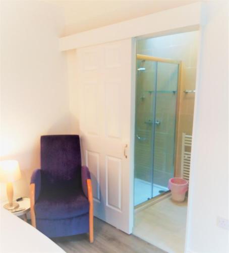 Habitación con silla azul y ducha acristalada. en Lettermore Apartment 2 en Rathdrum