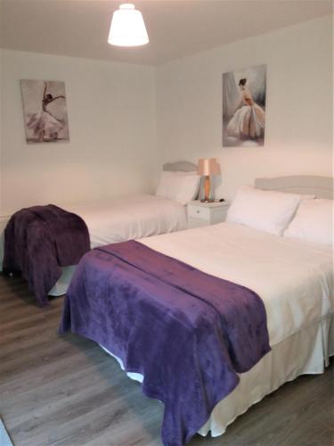 Lettermore Apartment 2 في راثدروم: غرفة نوم بسريرين ذات أغطية أرجوانية