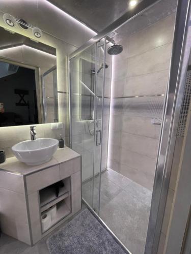a bathroom with a sink and a glass shower at Chata Wuja Toma in Szczyrk