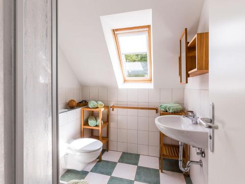 een kleine badkamer met een toilet en een wastafel bij Müritz Ferienhaus in Seenähe in Groß Kelle