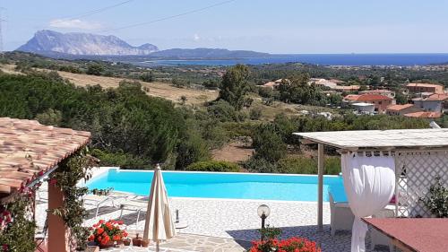 a view of a swimming pool from a house at Li Muntigeddi in San Teodoro
