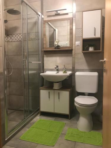 a bathroom with a toilet and a sink and a shower at Orchidea Apartman in Hegykő
