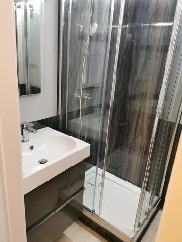 une salle de bain avec douche et lavabo dans l'établissement Rêves d'Ô en Camargue, clim réversible, parc naturel, à Vauvert