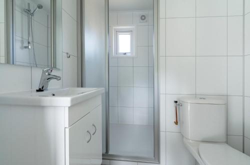a bathroom with a sink and a shower and a toilet at Chalet studio Mees - Texel in De Koog