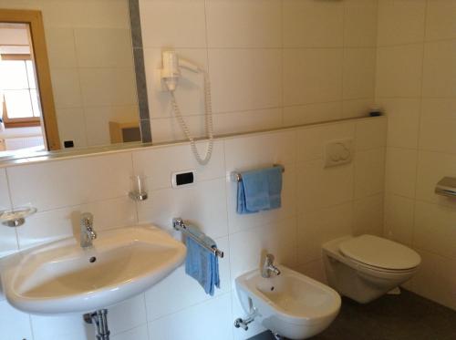 La salle de bains est pourvue d'un lavabo, de toilettes et d'un miroir. dans l'établissement Kerschbaumhof, à San Candido