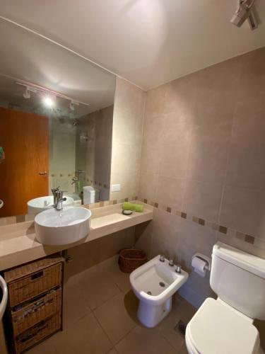 a bathroom with a sink and a toilet and a mirror at DEPARTAMENTO PREMIUM - 2 HAB. Y 2 BAÑOS in Salta