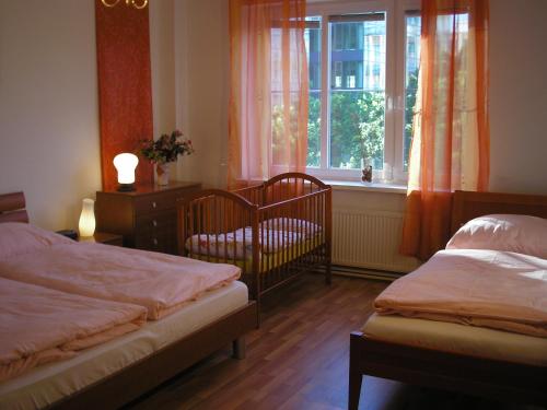 een slaapkamer met twee bedden en een raam bij Apartment Accommodation up to 17 in Bratislava