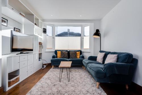 a living room with a blue couch and a tv at Charming 3 Bedroom House garden & parking - next to CS Lewis Nature Reserve in Oxford