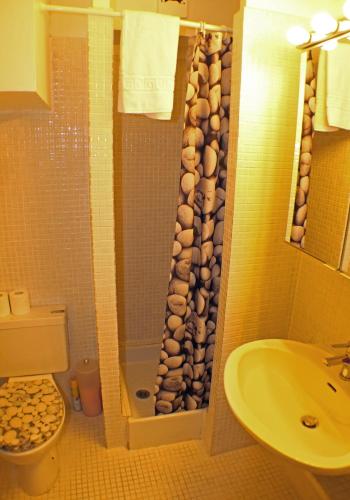 une salle de bain avec une douche avec des toilettes et un lavabo dans l'établissement Apartment Relais de Poste Centre Chamonix Mont Blanc, à Chamonix-Mont-Blanc