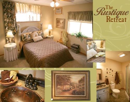 a collage of pictures of a bedroom with a bed at Sawin' Logs Inn in Devils Tower