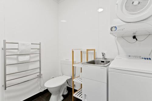 een kleine badkamer met een toilet en een wastafel bij Heart of Queenstown in Queenstown