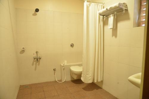 a bathroom with a shower and a toilet and a sink at Pai Vista, KR Road in Bangalore