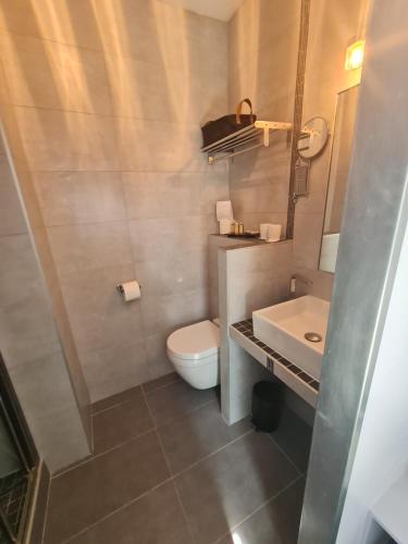 a small bathroom with a toilet and a sink at Hôtel Le Sens in Vaux-sur-Mer