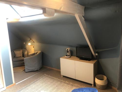 a attic room with a tv and a couch at Les tourterelles in Durbuy