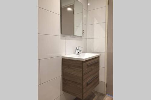 a bathroom with a sink and a mirror at Bungalow op bedrijf met melkkoeien in De Cocksdorp