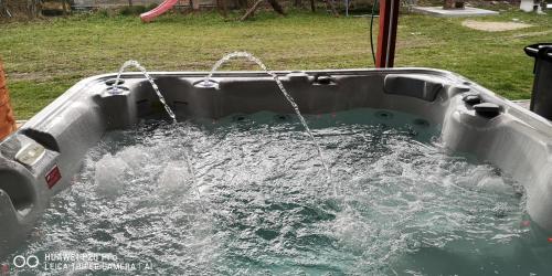 a pool of water with two water faucets in it at Kifog-Lak Vendégház in Poroszló