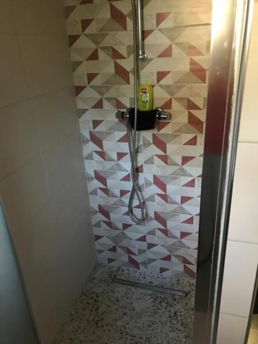 a shower in a bathroom with a mosaic wall at RESIDENCE U RE D' ALZETTU in Porto-Vecchio
