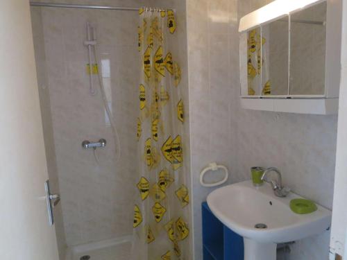 La salle de bains est pourvue d'une douche, d'un lavabo et d'un rideau de douche. dans l'établissement Appartement récent proche de la plage, à Biscarrosse-Plage