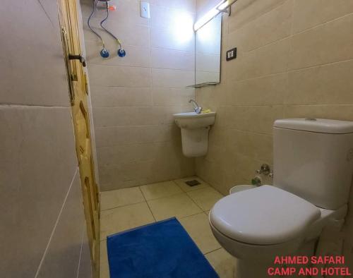 a small bathroom with a toilet and a shower at Ahmed Safari Camp in Bawiti