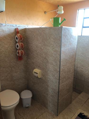 une salle de bain avec toilettes et cabine de douche dans l'établissement Sítio Tapera em Ibitipoca - MG, com Wi-Fi, à Conceição da Ibitipoca