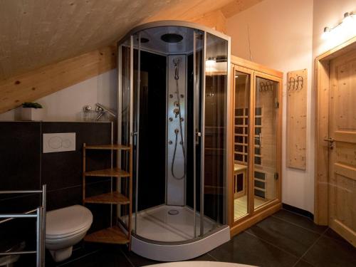 a bathroom with a shower and a toilet in a room at Chalet Sonnenblick in Laßrchberg
