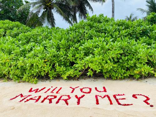 a sign that says will you marry me in front of a bush at Moulin Kann Villas in Mahe