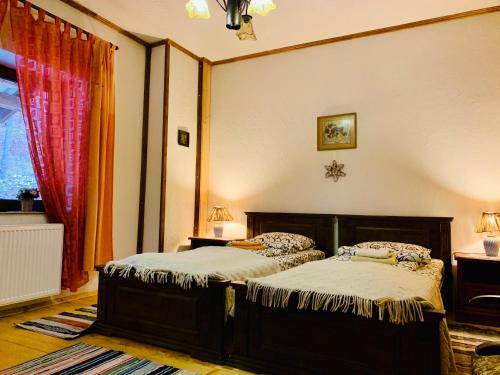 a bedroom with two beds and a window at Chalet Vedmezhe in Polyana